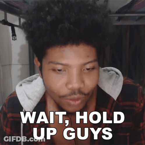 A Man In A Plaid Shirt Says Wait Hold Up Guys In White Letters GIF
