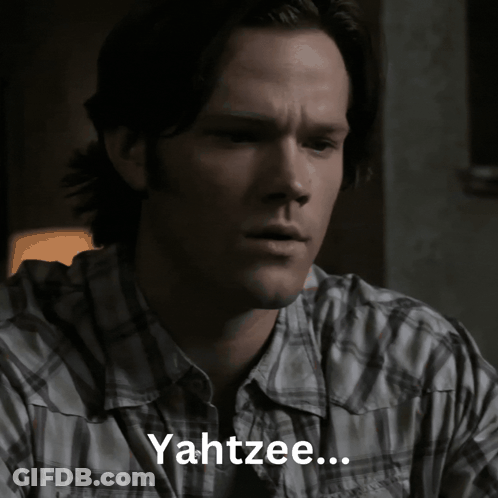 A Man In A Plaid Shirt Says " Yahtzee " In White Letters GIF
