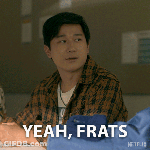 A Man In A Plaid Shirt Says " Yeah Frats " In A Netflix Ad GIF