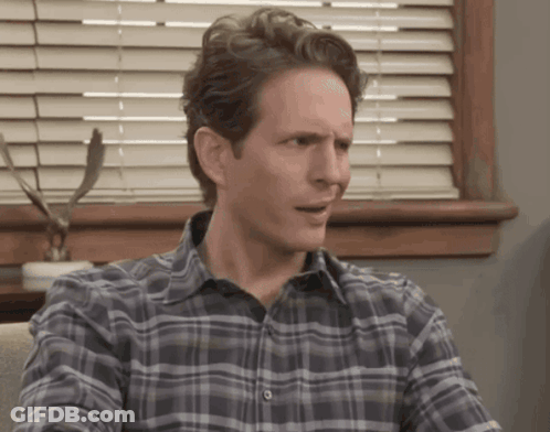 A Man In A Plaid Shirt Sits In Front Of A Window With Blinds GIF