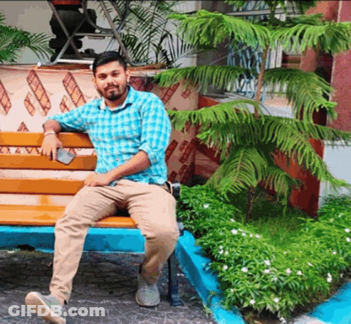 A Man In A Plaid Shirt Sits On A Wooden Bench GIF