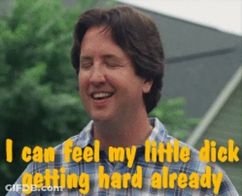 A Man In A Plaid Shirt Smiles And Says " I Can Feel My Little Dick Getting Hard Already " GIF