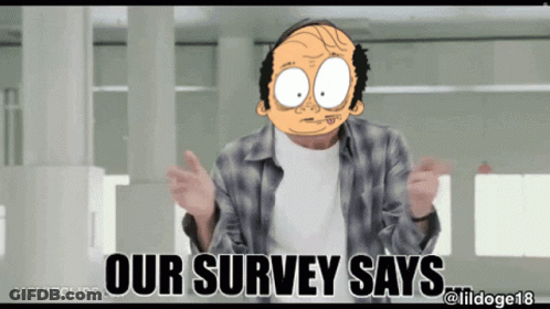 A Man In A Plaid Shirt With A Cartoon Face On His Head Says Our Survey Says GIF