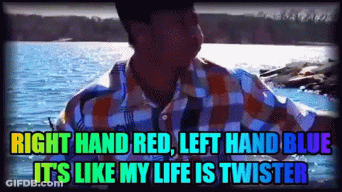 A Man In A Plaid Shirt With The Words Right Hand Red Left Hand Blue It 'S Like My Life Is Twister Written Below Him GIF