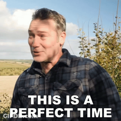A Man In A Plaid Shirt With The Words This Is A Perfect Time Above Him GIF