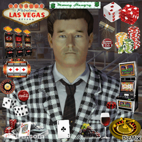 A Man In A Plaid Suit And Tie Is Surrounded By Gambling Related Items GIF