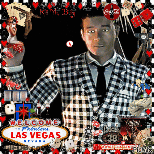 A Man In A Plaid Suit Stands In Front Of A Sign That Reads Welcome To Fabulous Las Vegas Nevada GIF