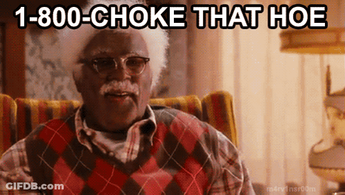 A Man In A Plaid Sweater Is Sitting In A Chair With The Words 1-800-Choke That Hoe Above Him GIF