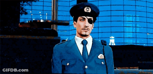 A Man In A Police Uniform Has A Patch On His Eye That Says ' A ' On It GIF
