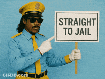 A Man In A Police Uniform Holds A Sign That Says Straight To Jail GIF