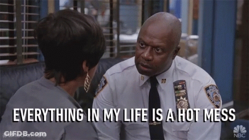 A Man In A Police Uniform Is Talking To A Woman And The Caption Says Everything In My Life Is A Hot Mess GIF