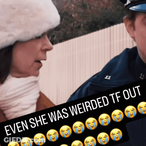 A Man In A Police Uniform Is Talking To A Woman With Tears Coming Out Of Her Eyes GIF