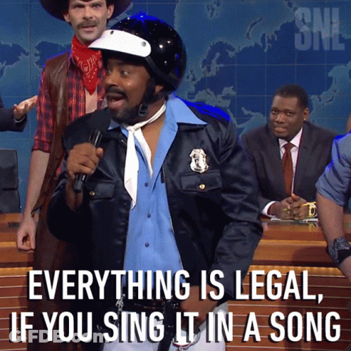 A Man In A Police Uniform Singing Into A Microphone With The Words Everything Is Legal If You Sing It In A Song Below Hi GIF