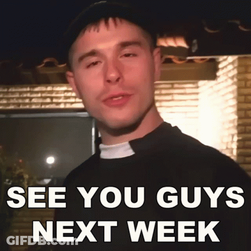 A Man In A Priest Costume Says " See You Guys Next Week " In Front Of A Brick Building GIF