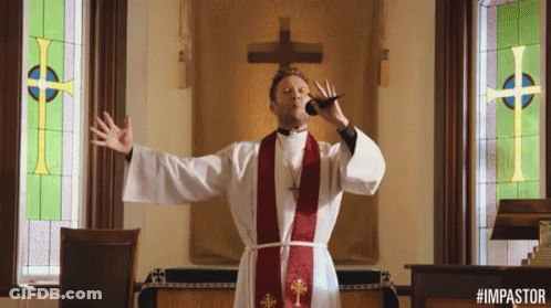 A Man In A Priest 'S Robe Is Blowing A Horn In Front Of A Cross GIF