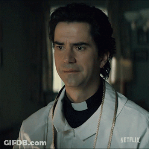 A Man In A Priest 'S Robe With A Netflix Logo On The Bottom GIF
