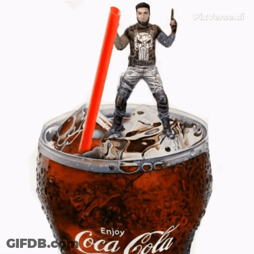 A Man In A Punisher Shirt Is Standing On Top Of A Cup Of Coca Cola GIF