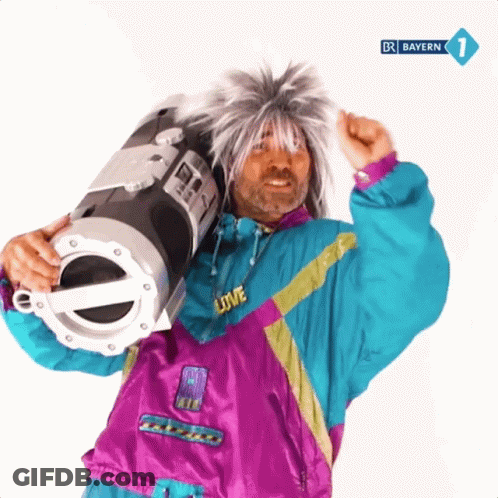 A Man In A Purple And Blue Jacket Is Holding A Boombox With Bayern 1 On The Bottom Right GIF