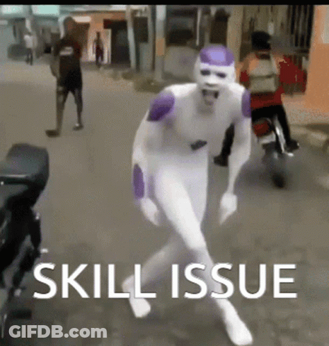 A Man In A Purple And White Costume Is Walking Down A Street With The Words Skill Issue Written Below Him GIF