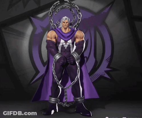 A Man In A Purple Cape And Chains Stands In Front Of A Purple Star GIF
