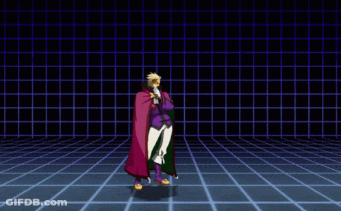 A Man In A Purple Cape Is Standing In Front Of A Blue Grid GIF