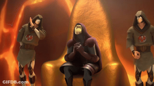 A Man In A Purple Cape Sits On A Gold Throne In Front Of Two Other Men GIF