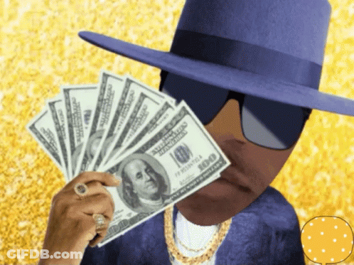 A Man In A Purple Hat Is Holding A Fan Of Money GIF