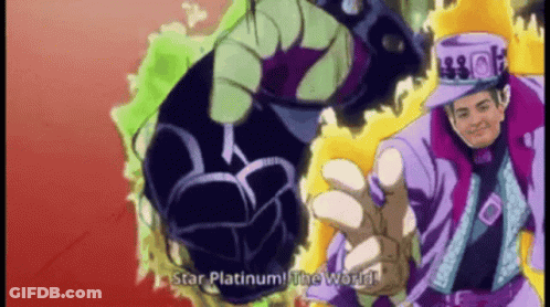 A Man In A Purple Hat Is Standing Next To A Green And Yellow Object . GIF