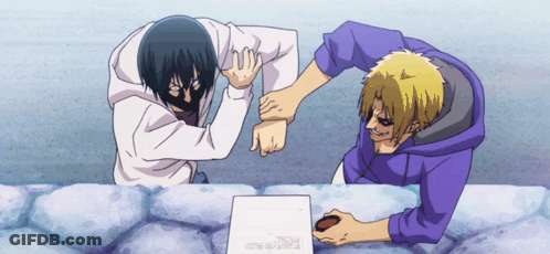 A Man In A Purple Hoodie Is Holding Another Man 'S Elbow GIF