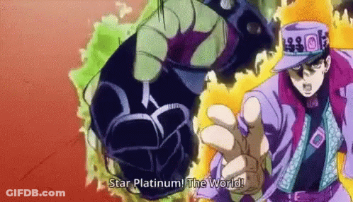 A Man In A Purple Jacket And Hat Is Holding A Yellow Object And Says `` Star Platinum The World '' . GIF