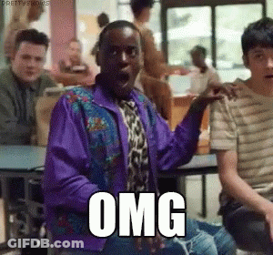 A Man In A Purple Jacket And Tie Is Sitting At A Table With Other People And Making A Surprised Face . GIF