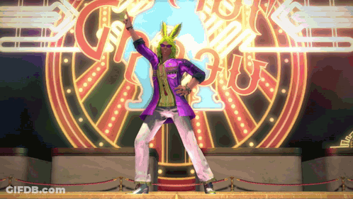 A Man In A Purple Jacket And White Pants Is Dancing In Front Of A Sign That Says ' A ' GIF