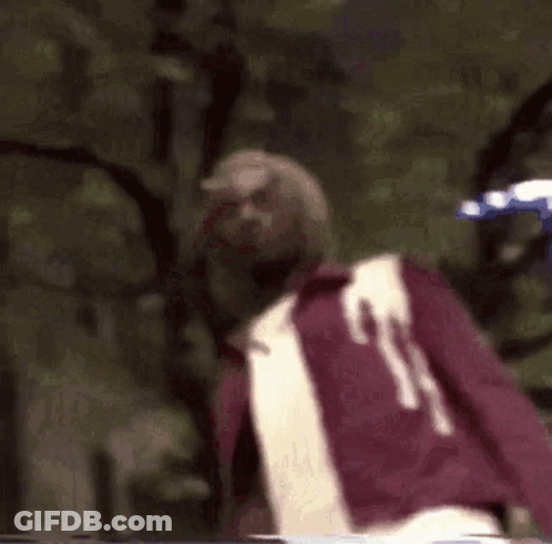 A Man In A Purple Jacket And White Shirt Is Standing In The Woods With His Arms Outstretched . GIF