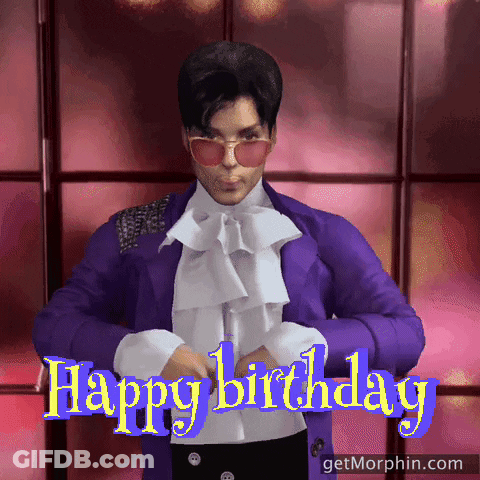 A Man In A Purple Jacket And White Shirt With The Words Happy Birthday Behind Him GIF