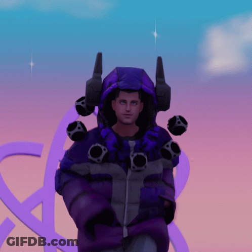 A Man In A Purple Jacket Is Holding A Lightning Bolt In His Hands GIF