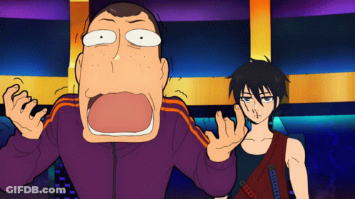A Man In A Purple Jacket Is Making A Funny Face Next To A Boy In A Red Vest GIF