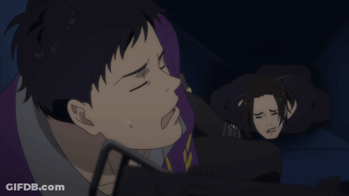 A Man In A Purple Jacket With A Yellow Chevron On It GIF