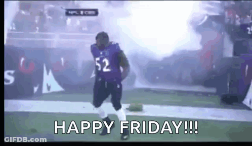 A Man In A Purple Jersey Is Dancing On A Football Field With The Words `` Happy Friday '' . GIF