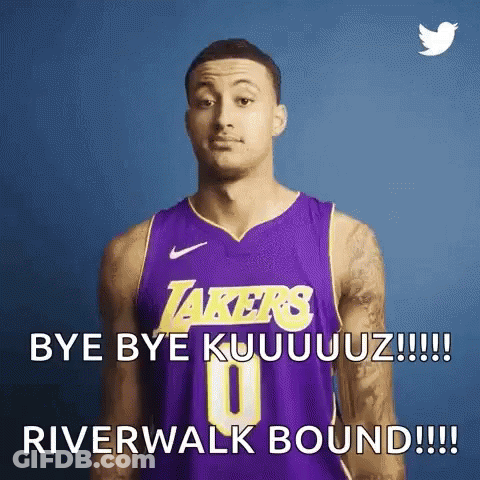 A Man In A Purple Lakers Jersey Is Standing In Front Of A Blue Background And Making A Funny Face . GIF