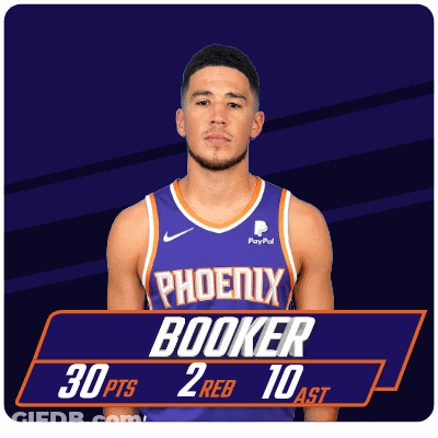A Man In A Purple Phoenix Booker Jersey Stands In Front Of A Purple Background GIF
