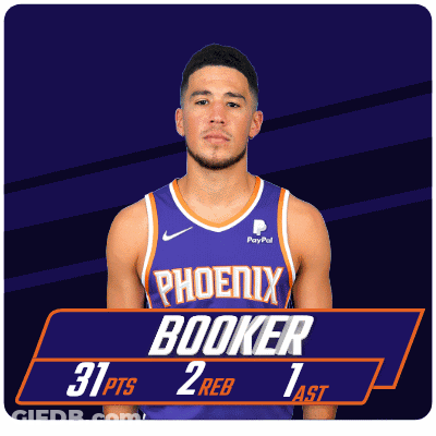A Man In A Purple Phoenix Booker Jersey Stands In Front Of A Purple Background GIF