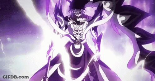 A Man In A Purple Robe Is Holding A Sword And A Purple Light Is Coming Out Of His Chest . GIF