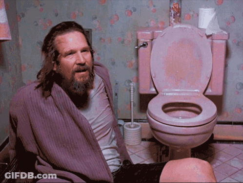 A Man In A Purple Robe Sits In A Pink Toilet GIF