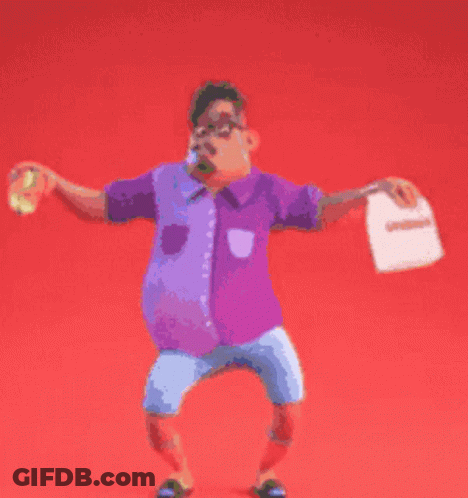 A Man In A Purple Shirt And Blue Shorts Holds A Bag Of Chips GIF
