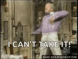 A Man In A Purple Shirt And Suspenders Is Dancing In A Room And Saying `` I Can 'T Take It ! '' GIF