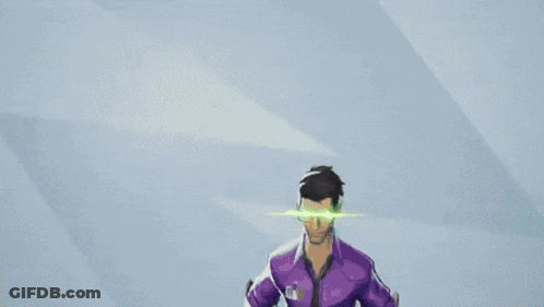 A Man In A Purple Shirt And Tie Has A Badge On His Chest That Says Mc On It GIF