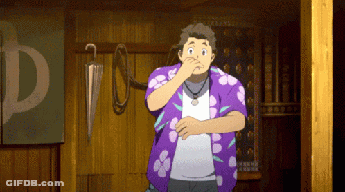 A Man In A Purple Shirt Is Covering His Nose In Front Of A Sign That Says D GIF