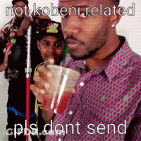 A Man In A Purple Shirt Is Drinking From A Plastic Cup With A Caption That Says Not Kobeni Related Pls Dont Send GIF