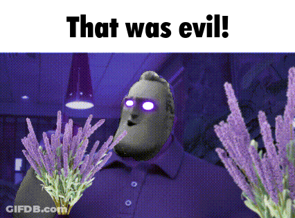 A Man In A Purple Shirt Is Holding A Bouquet Of Purple Flowers And Says That Was Evil . GIF
