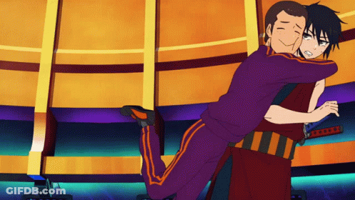 A Man In A Purple Shirt Is Hugging Another Man In A Red Shirt GIF